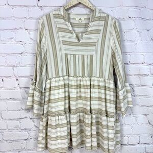 Entro Grey taupe White Bell Sleeve ruffle dress mini Mandarin Collar size large